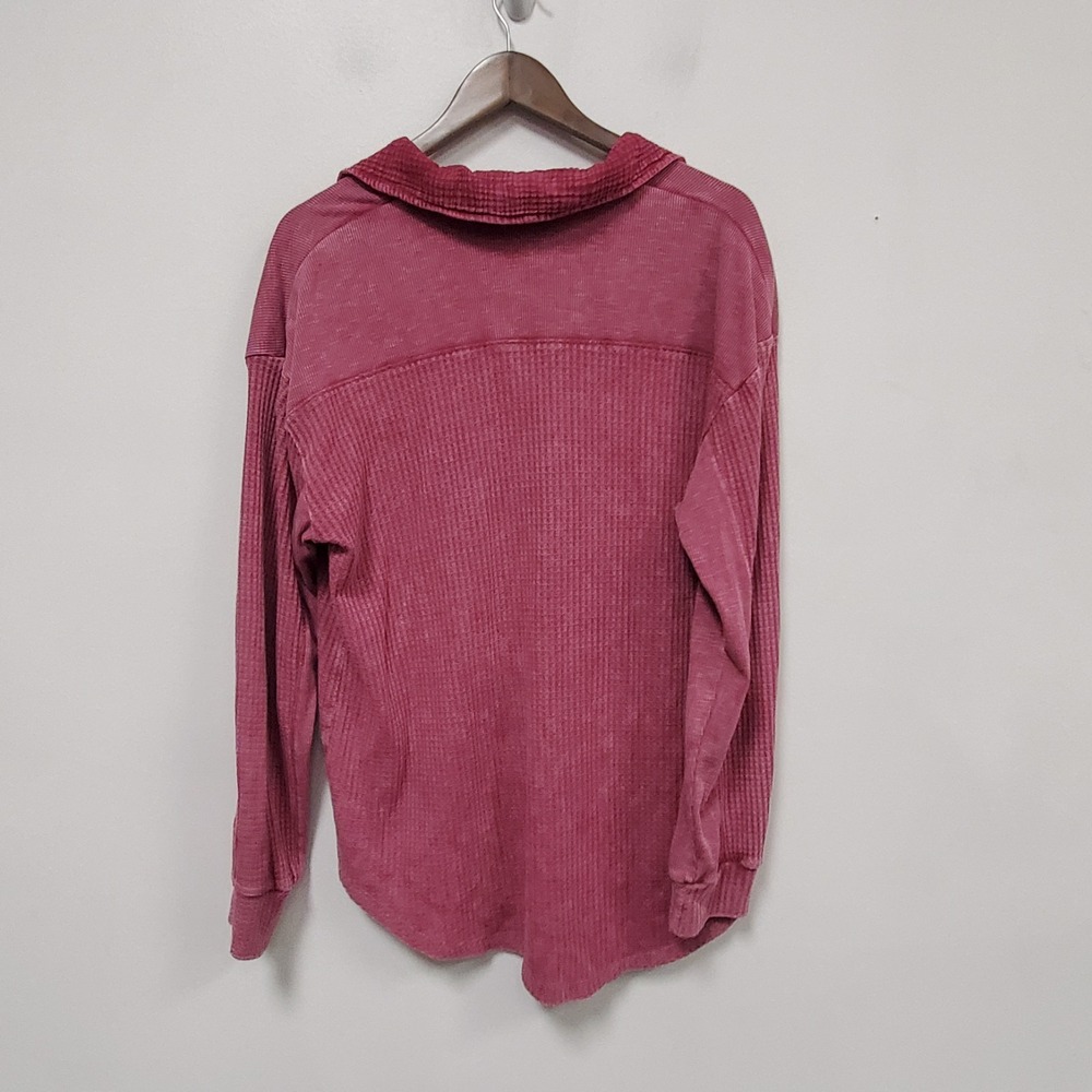 Pink Thermal Distressed Button Up Shirt Size 2XL Waffle Knit Bohemian Layer Fall - Picture 2 of 8